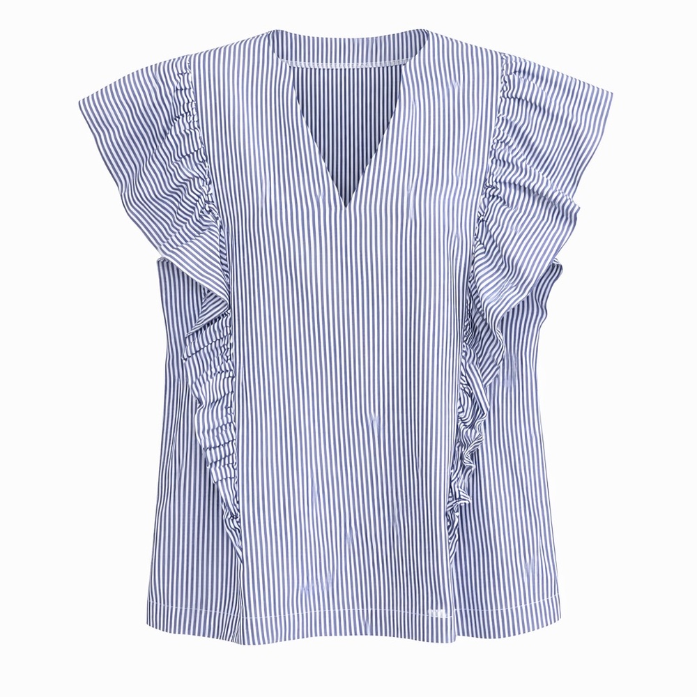 Brooke Wright Blue‎ White Stripe Ruffle Blouse Cotton Poplin Size S